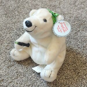 Style #0153 Coca Cola Bean Bag Plush Polar‎ Bear With Green & Gold Polka Dot Bow
